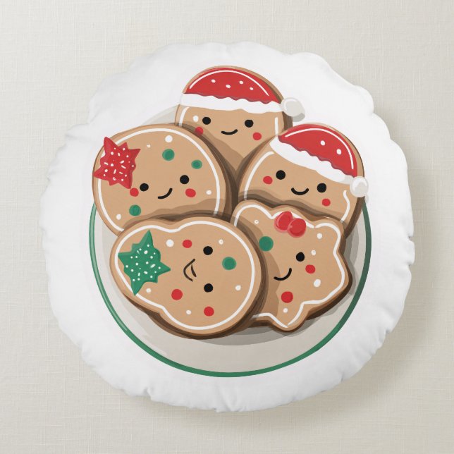 Cute Xmas Cookies on Plate – Smiling Holiday Round Cushion (Front)