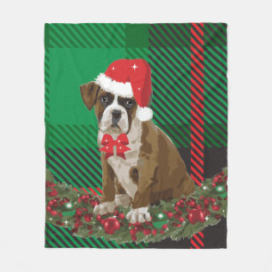 Cute Xmas Dog Santa Hat Green Plaid Sherpa Blanket