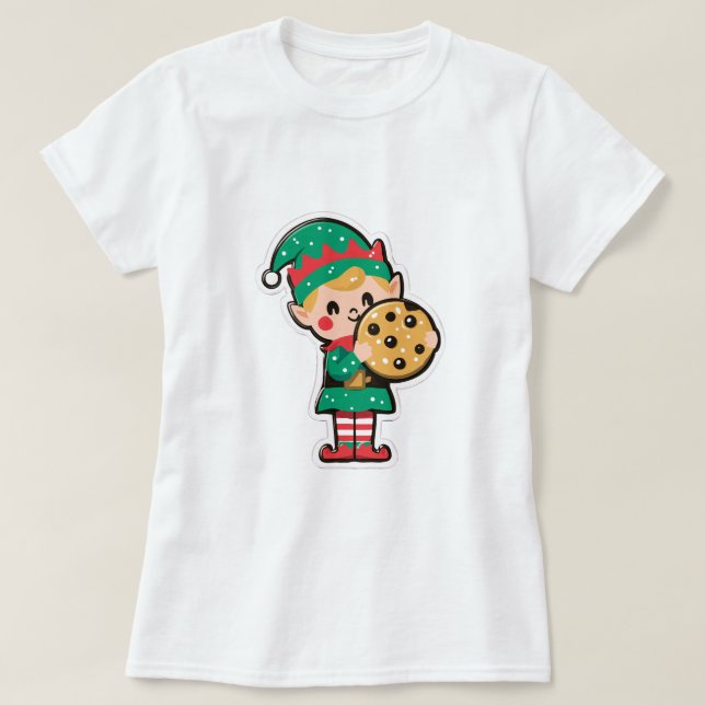 Cute Xmas Elf with Big Cookie T-Shirt (Design Front)