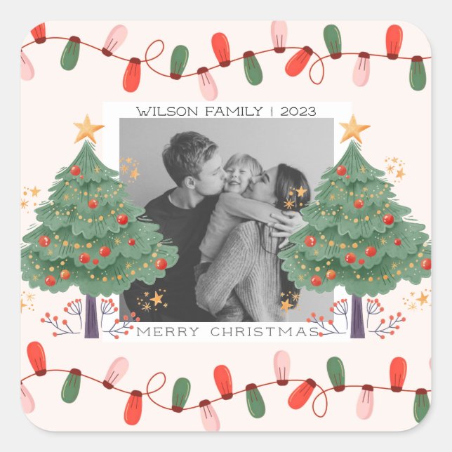 Cute Xmas Family Photo christmas holiday postcard Square Sticker (Front)
