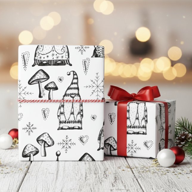 Cute Xmas Gnomes & Mushrooms Original Illustration Wrapping Paper (Modern Whimsical Xmas Gnomes Holiday Wrapping Paper Cute Black & White Winter Gnome Pattern for Kids)