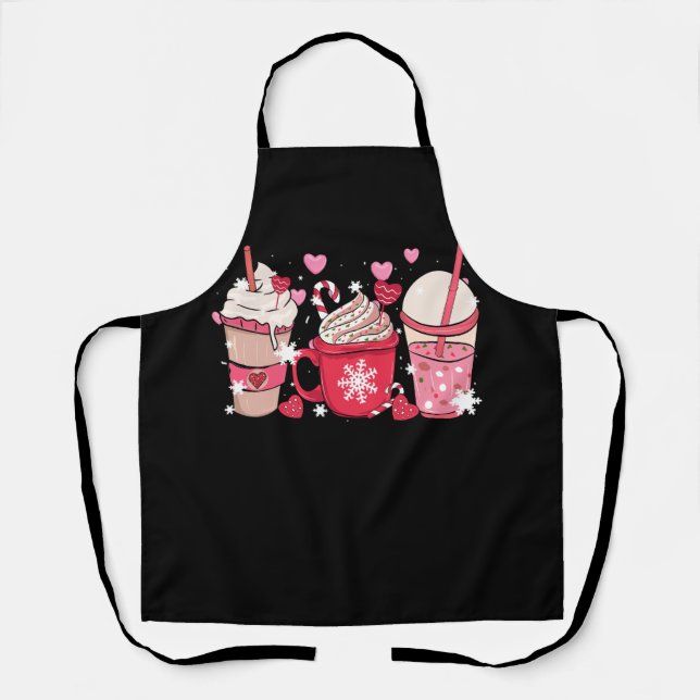 Cute Xmas Pink Coffee And Cream Cups Latte Merry C Apron (Front)