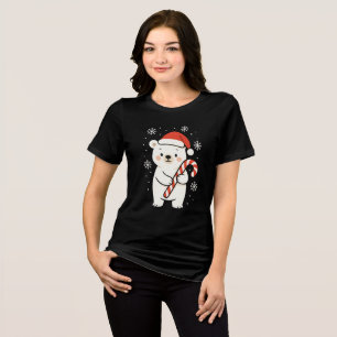 Cute Xmas Polar Bear with Santa Hat and Candy Cane Tri-Blend Shirt