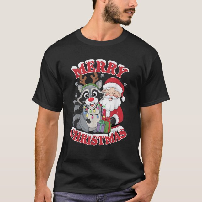 Cute Xmas Racoon Santa on Racoon Christmas  T-Shirt (Front)