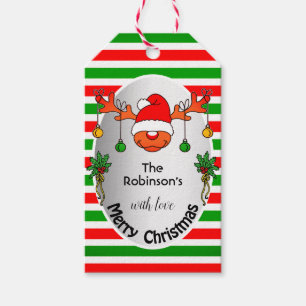 Cute Xmas Reindeer Red and Green Stripes Humour Gift Tags