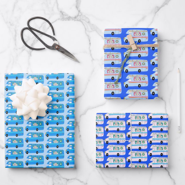 Cute Xmas RV Campers Motorhomes Holiday Blue Wrapping Paper Sheet (Front)