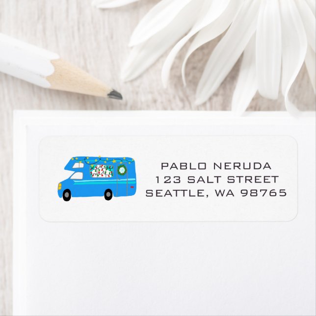Cute Xmas RV Motorhome Blue CUSTOM Mailing  Label (Insitu)