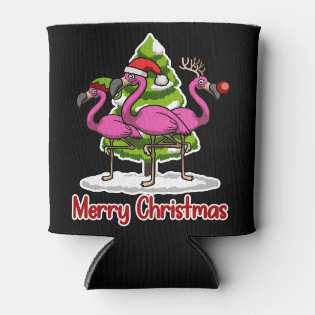 Cute Xmas Santa Flamingo Christmas Gift Can Cooler (Front)