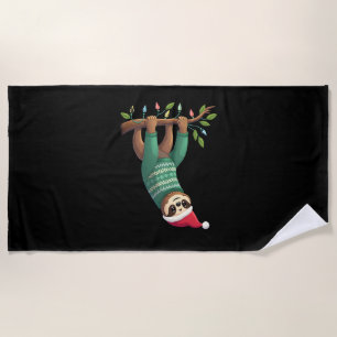 Cute Xmas Sloth Santa Hat Christmas Sloth - Tree L Beach Towel