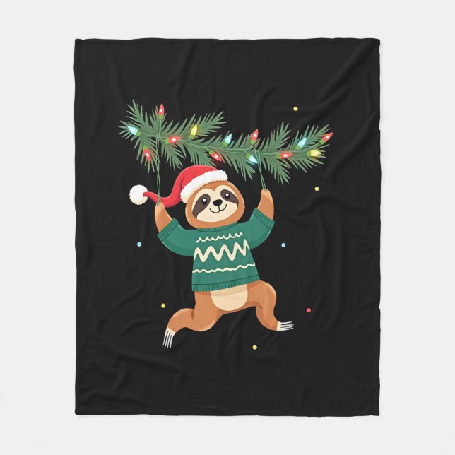 Cute Xmas Sloth Santa Hat Christmas Sloth - Tree L Fleece Blanket (Front)