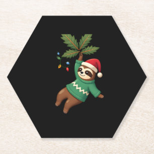 Cute Xmas Sloth Santa Hat Christmas Sloth - Tree L Paper Coaster