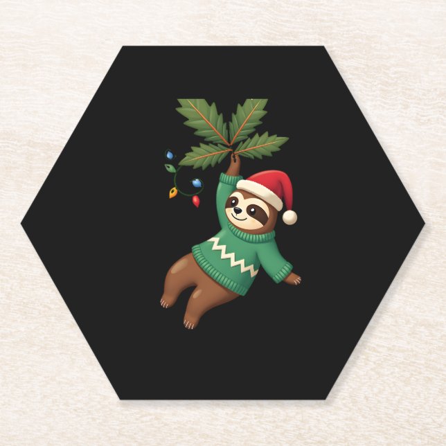 Cute Xmas Sloth Santa Hat Christmas Sloth - Tree L Paper Coaster (Front)