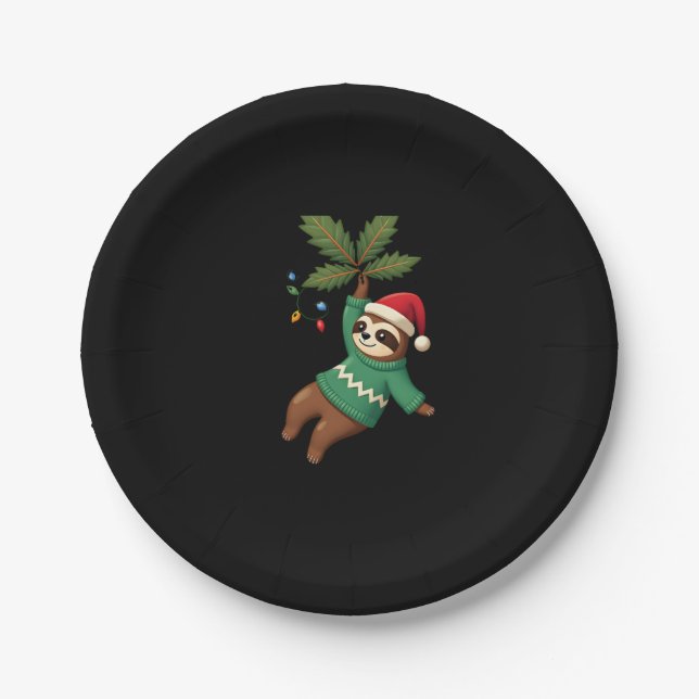 Cute Xmas Sloth Santa Hat Christmas Sloth - Tree L Paper Plate (Front)