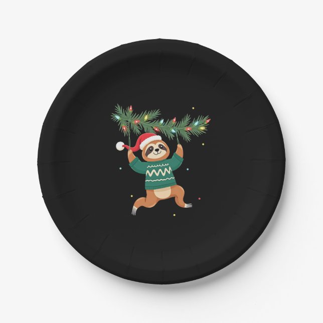 Cute Xmas Sloth Santa Hat Christmas Sloth - Tree L Paper Plate (Front)