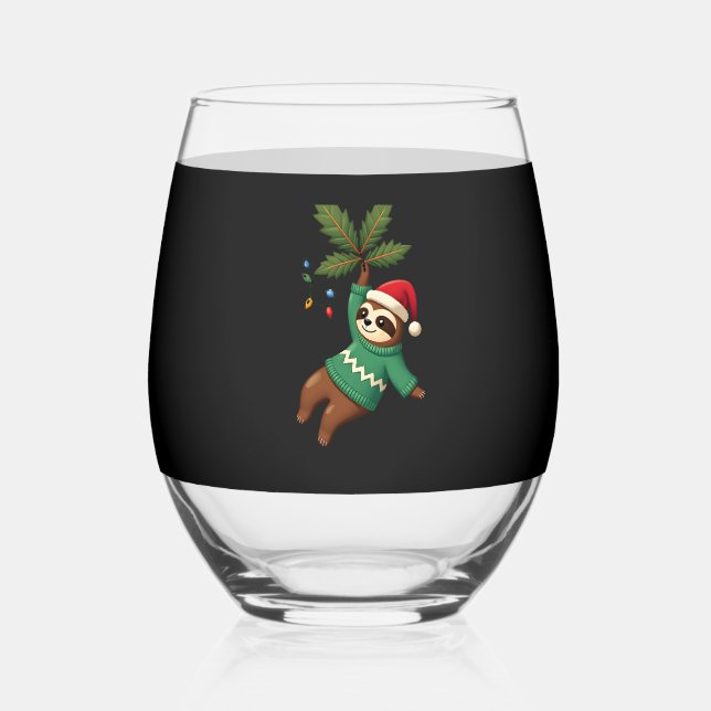 Cute Xmas Sloth Santa Hat Christmas Sloth - Tree L Stemless Wine Glass (Front)