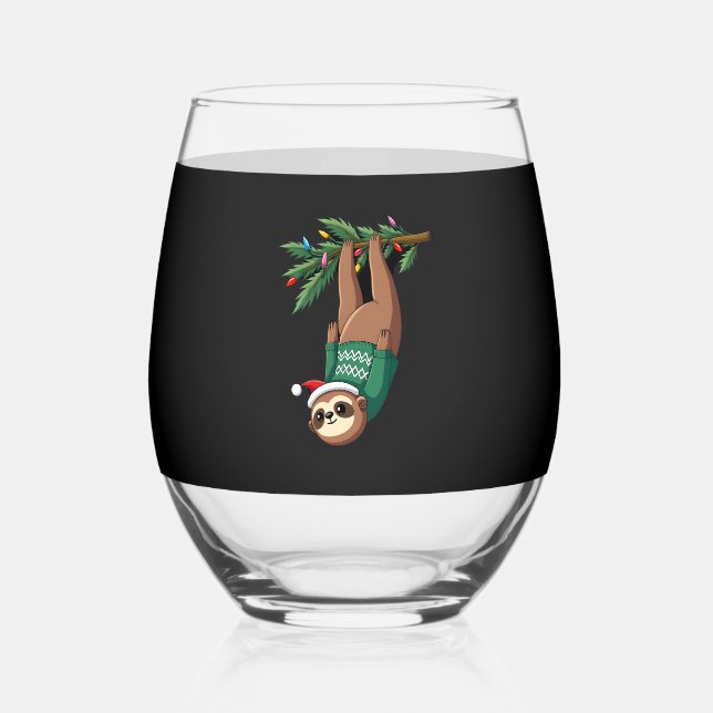 Cute Xmas Sloth Santa Hat Christmas Sloth - Tree L Stemless Wine Glass (Front)