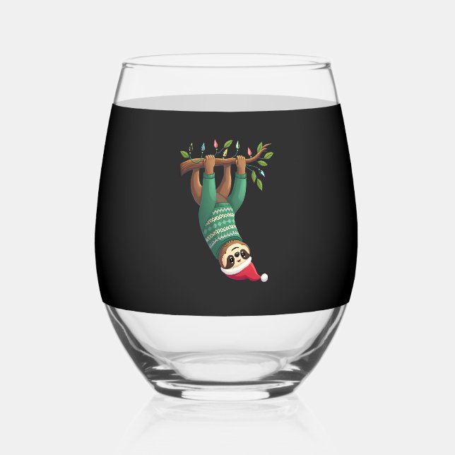 Cute Xmas Sloth Santa Hat Christmas Sloth - Tree L Stemless Wine Glass (Front)