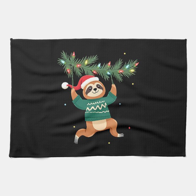 Cute Xmas Sloth Santa Hat Christmas Sloth - Tree L Tea Towel (Horizontal)