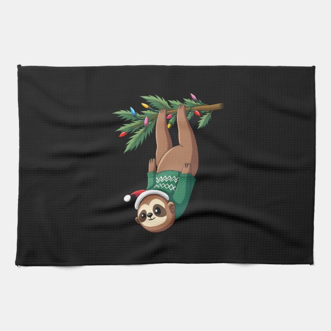 Cute Xmas Sloth Santa Hat Christmas Sloth - Tree L Tea Towel (Horizontal)