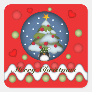Cute Xmas sticker with tree, penguin & text
