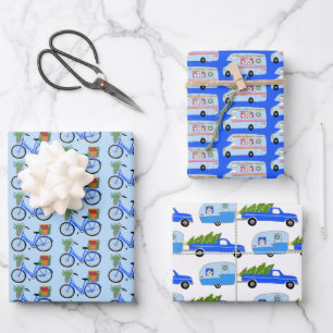Cute Xmas Trailers RV Bikes Colorful Holiday Blue Wrapping Paper Sheet