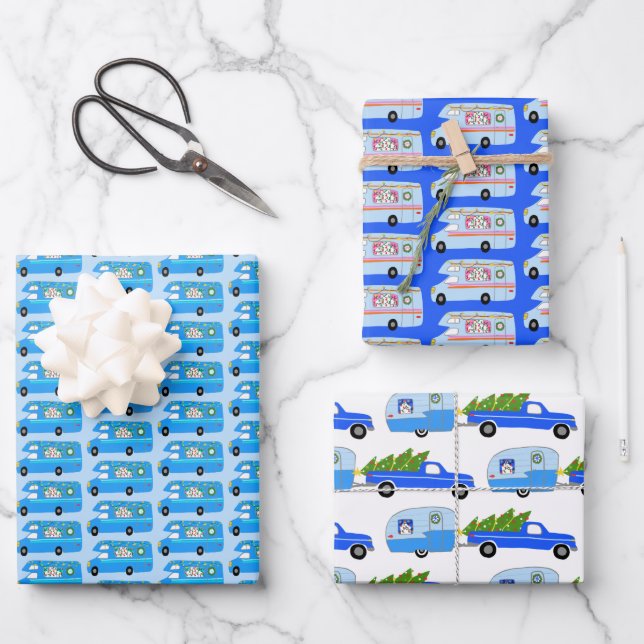 Cute Xmas Trailers RV Camper Colourful Holiday Blu Wrapping Paper Sheet (Front)