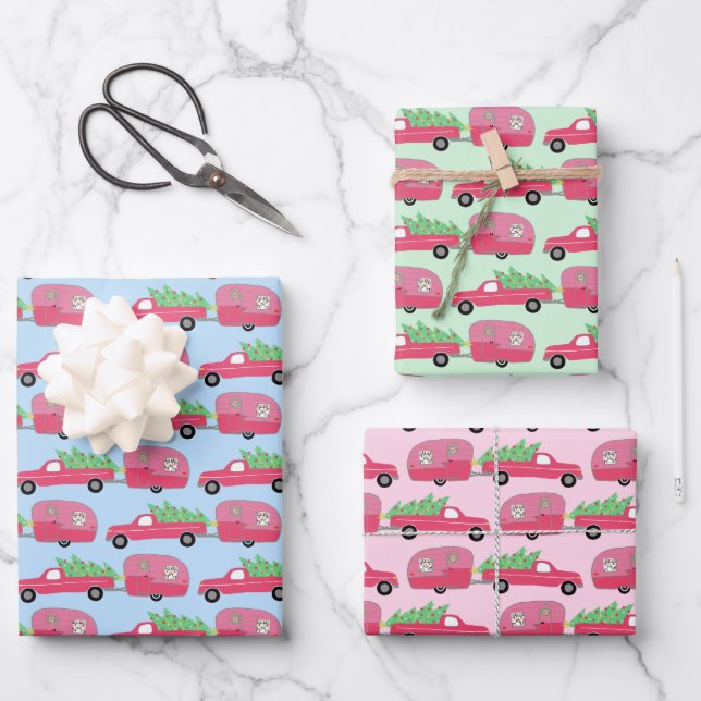 Cute Xmas Trailers RVs Camping Road Trip Holiday  Wrapping Paper Sheet (Front)