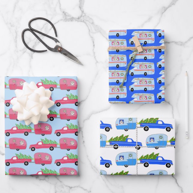 Cute Xmas Trailers RVs Camping Road Trip Holiday Wrapping Paper Sheet (Front)