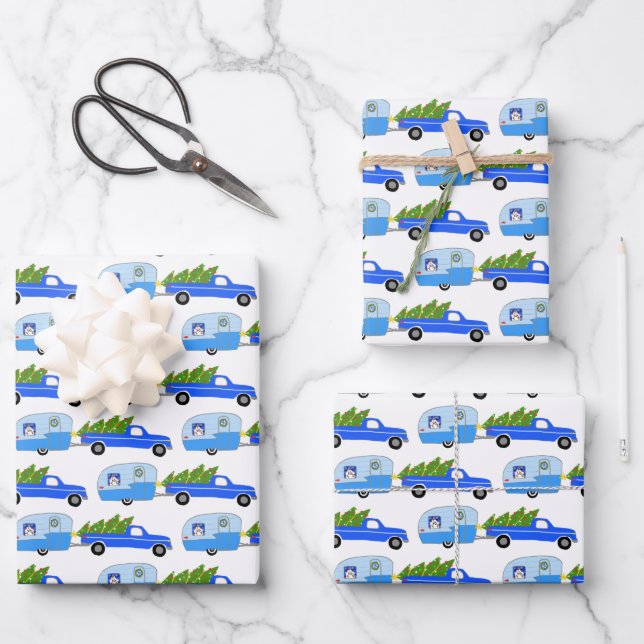 Cute Xmas Trailers RVs Trucks Blue Christmas Wrapping Paper Sheet (Front)