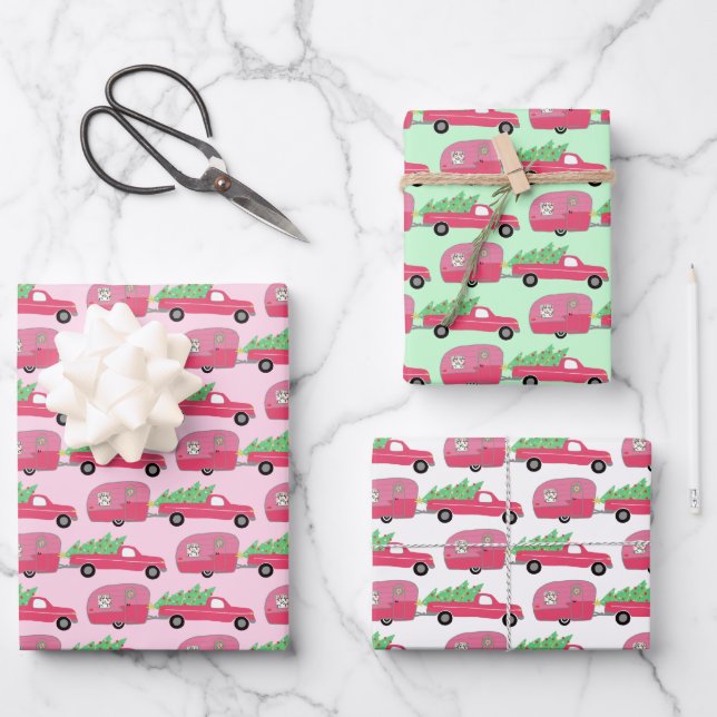 Cute Xmas Trailers RVs Trucks Colourful Holiday  Wrapping Paper Sheet (Front)