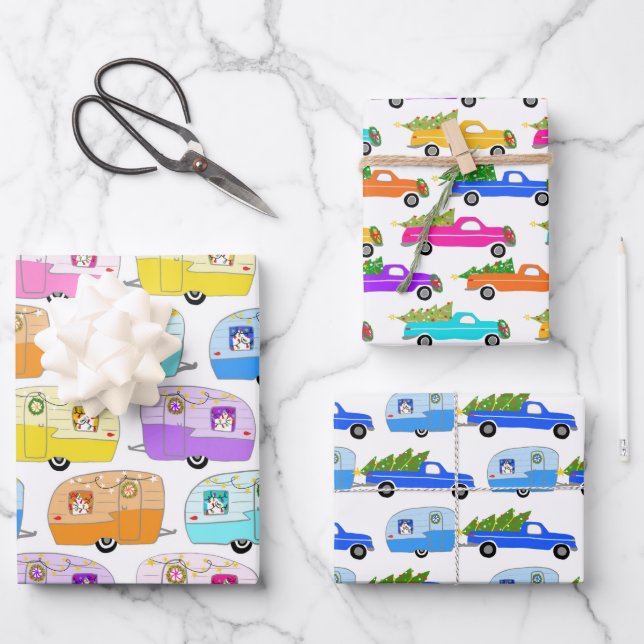 Cute Xmas Trailers RVs Trucks Colourful Holiday Wrapping Paper Sheet (Front)