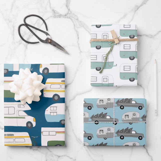 Cute Xmas Trailers RVs Trucks Colourful Holiday Wrapping Paper Sheet (Front)