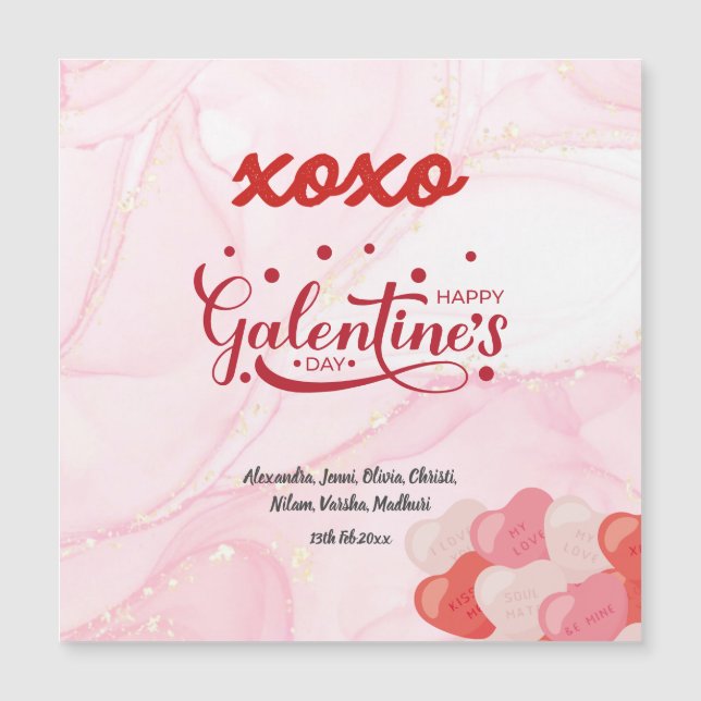 Cute XOXO Pink Marble Glitter Galentine's Day Magnetic Invitation (Front)