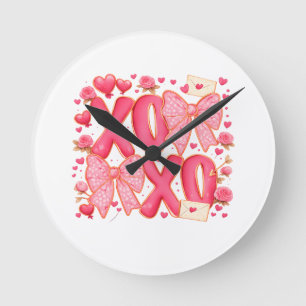 Cute XOXO Valentine Bows Hearts Pink Coquette Round Clock