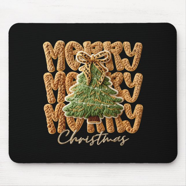Cute Yarn Crochet Preppy Merry Christmas Tree Bow  Mouse Mat (Front)