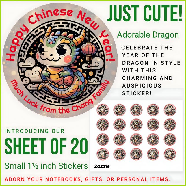 Cute Year of the Dragon 'Happy Chinese New Year' Classic Round Sticker (Creator Uploaded)