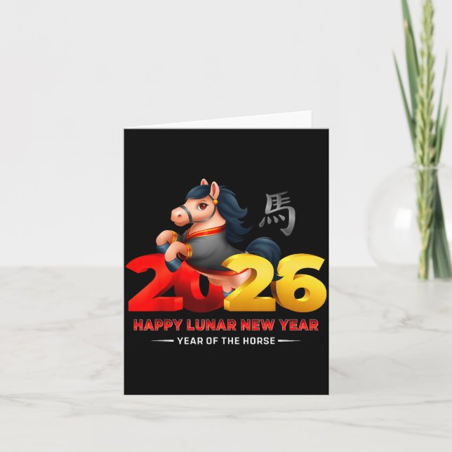 Cute Year Of The Horse -black Fun Happy Lunar New  Card (Front)