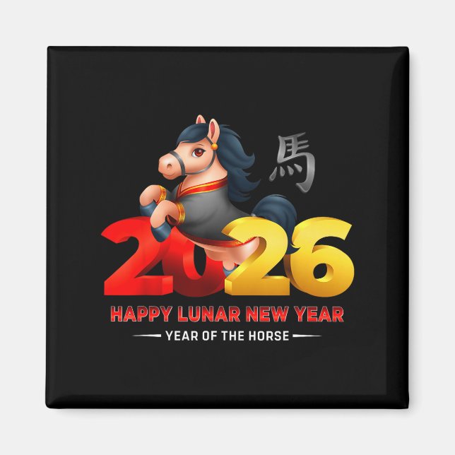 Cute Year Of The Horse -black Fun Happy Lunar New  Magnet (Front)