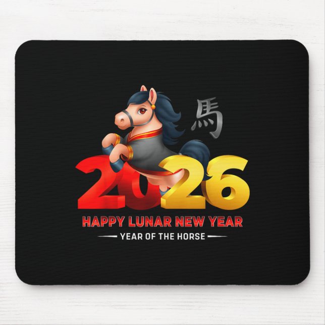 Cute Year Of The Horse -black Fun Happy Lunar New  Mouse Mat (Front)