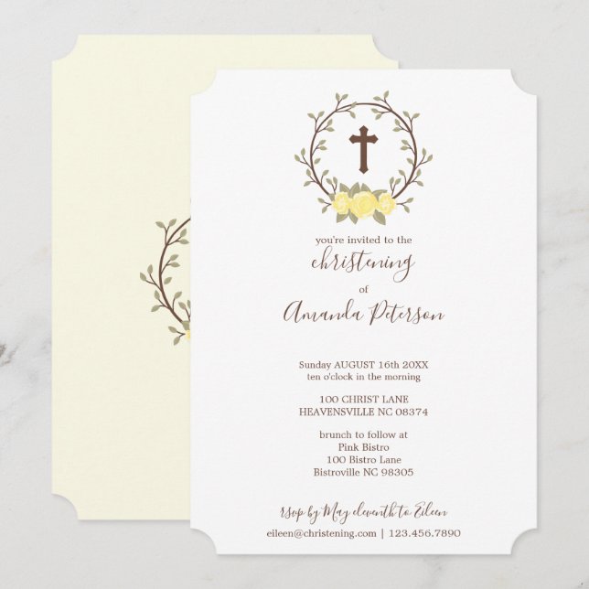 Cute Yello Floral Wreath Cross Baptism Christening Invitation (Front/Back)