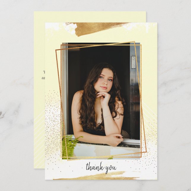 Cute Yello & Gold Framed Graduation Thank You Card (Front/Back)