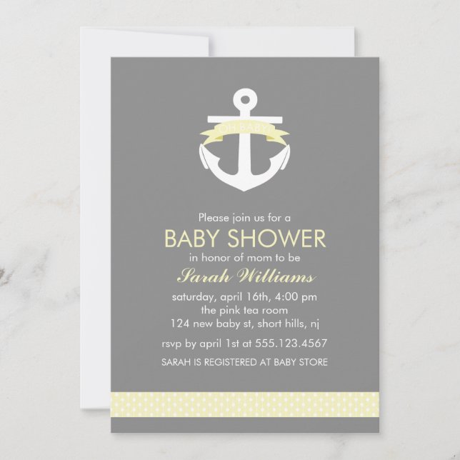 Cute Yellow Anchor Nautical Theme Baby Shower Invitation (Front)
