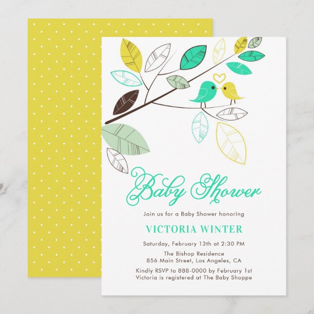 Cute Yellow and Aqua Birds Botanical Baby Shower Invitation (Front/Back)