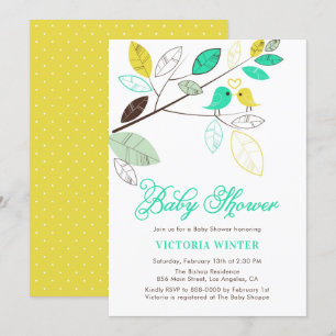 Cute Yellow and Aqua Birds Botanical Baby Shower Invitation