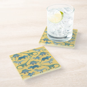 Cute Yellow and Blue Dinosaurs Glass Coaster