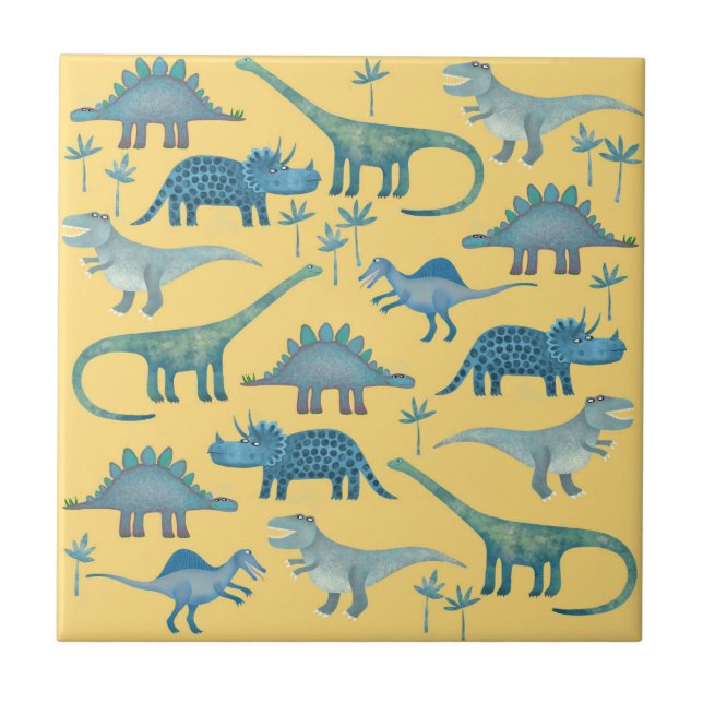 Cute Yellow and Blue Dinosaurs Tile (Front)