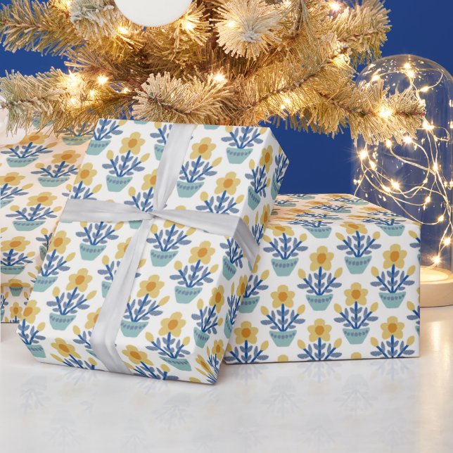 Cute, yellow and blue floral Wrapping Paper (Holidays)