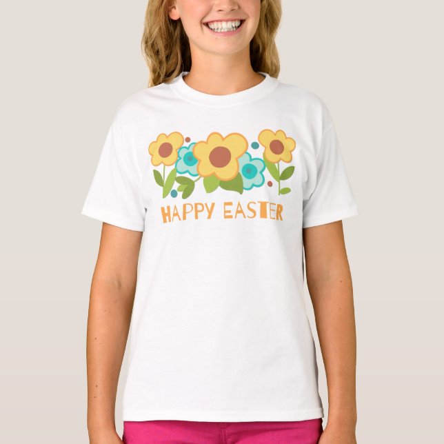 Cute Yellow and Blue Flowers Spring Easter T-Shirt (Front)