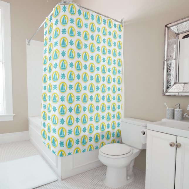 Cute Yellow and Blue Nautical Pattern Shower Curtain (In Situ)