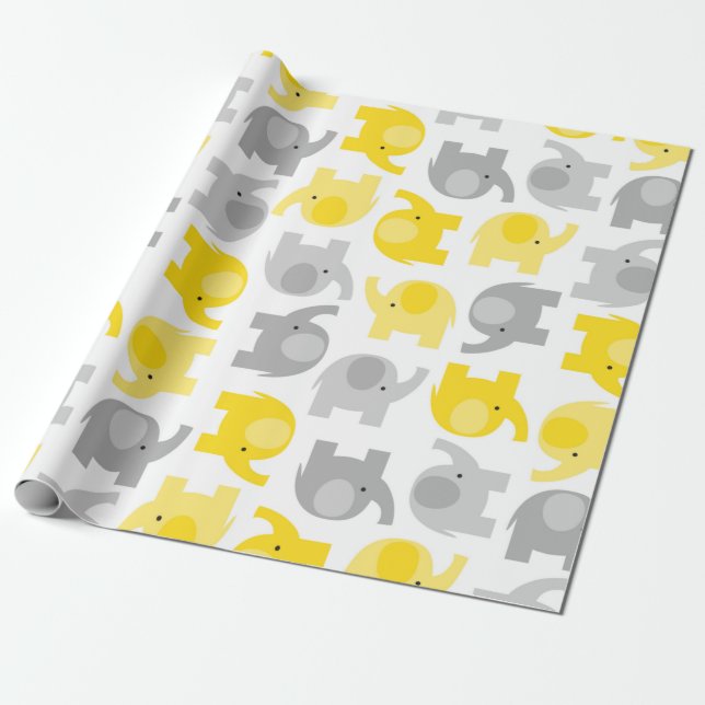 Cute Yellow and Grey Baby Elephants Wrapping Paper (Unrolled)